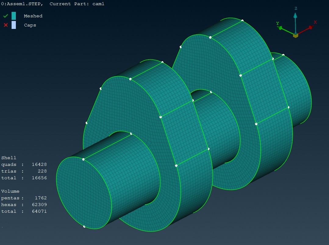 Mapped hex mesh at 3 mm on the camshaft