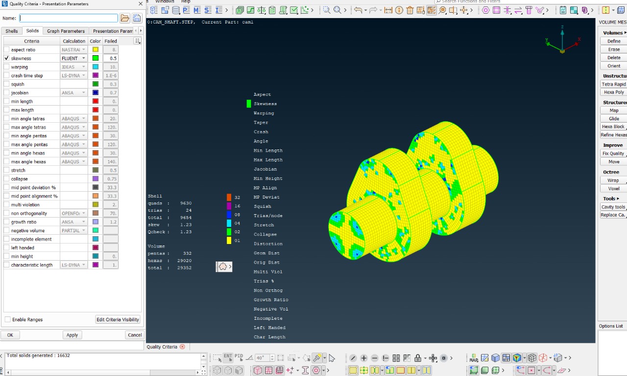 ANSA quality criteria overlay on the camshaft mesh
