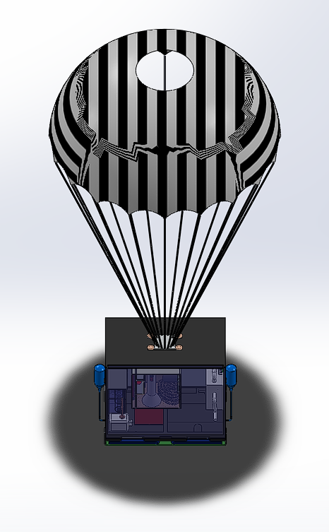 Deployed configuration, parachute above the payload housing