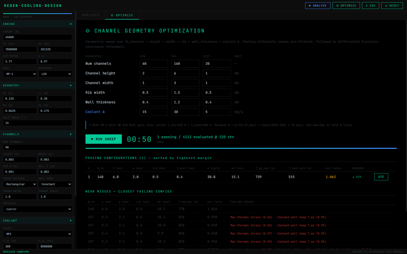 Optimizer results: one passing configuration and a ranked table of near-miss configurations with their failing checks named